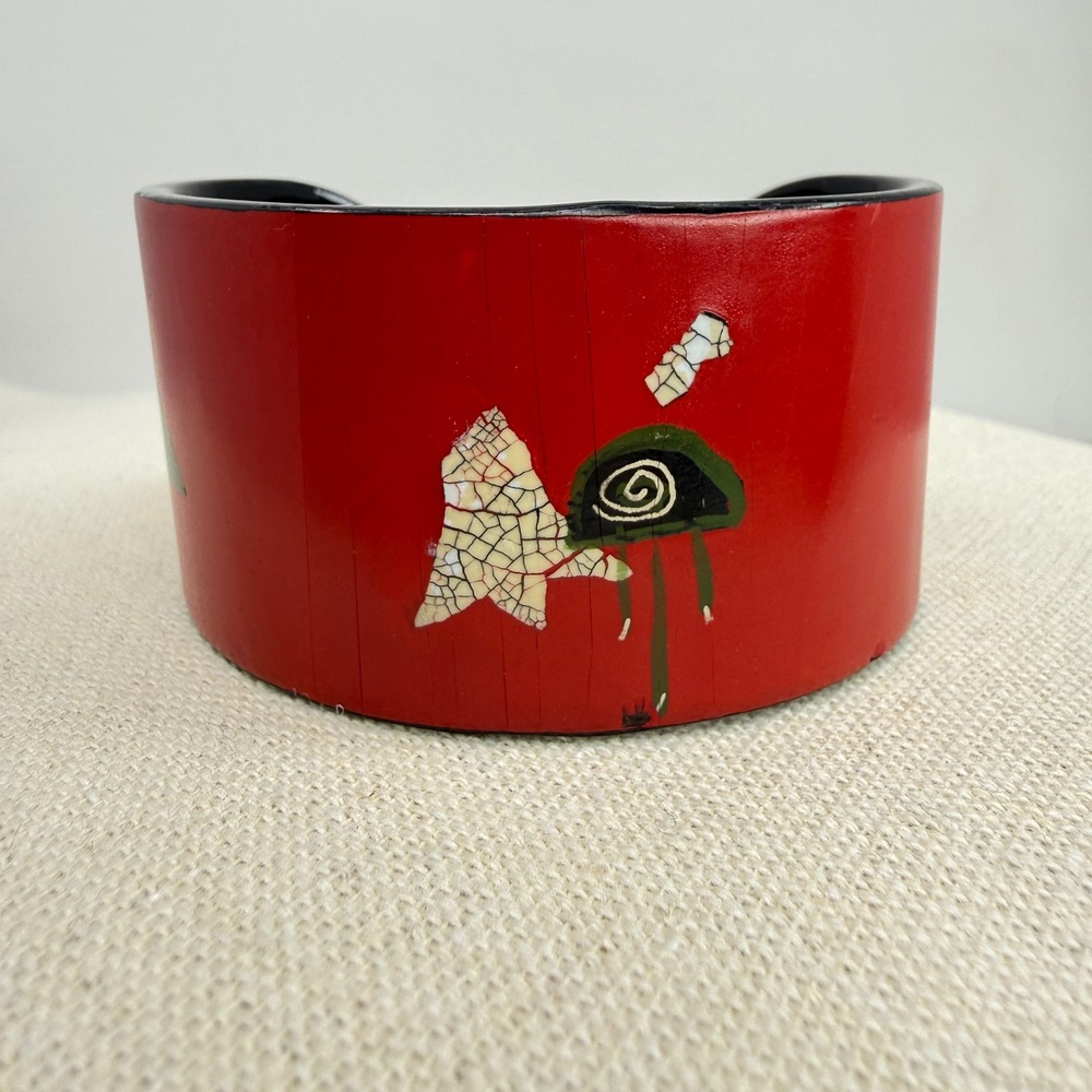 Red Lacquer Abstract Eggshell‎ Inlay Wide Cuff Bracelet Avant Grade Artsy